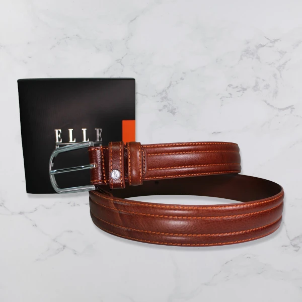 【ELLE】HOMME 頂級鋅合金休閒皮帶 棕色 107066(寬3.5cm)