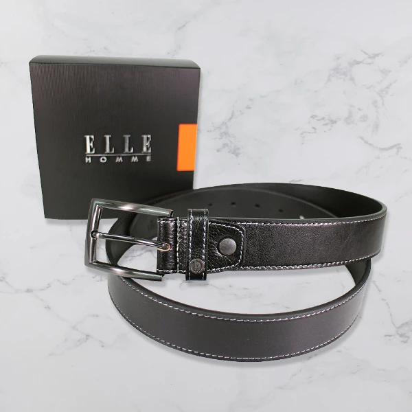 【ELLE】HOMME 頂級鋅合金休閒皮帶 黑色 107067(寬3.5cm)