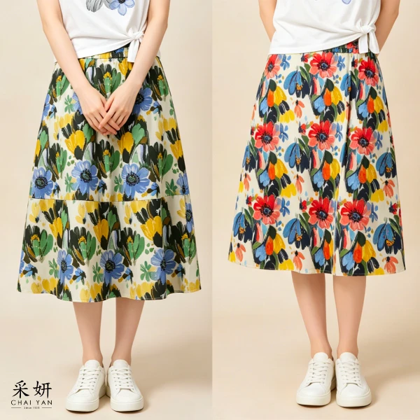 【Chai Yan 采妍】水彩風口袋中長裙(春夏新款 65-78公斤可穿)