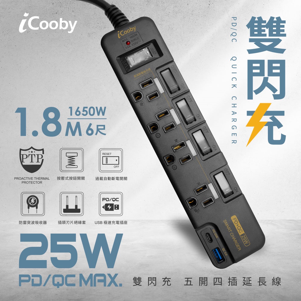 【iCooby】PX4 PLUS五開四插 PD+QC雙快充延長線 1.8M 3孔延長線(過載保護防火 25W快充 USB*1+Typec*1)