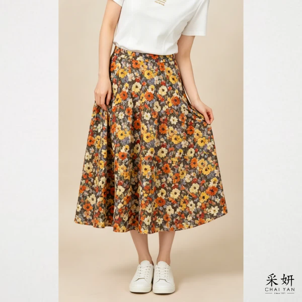 【Chai Yan 采妍】油畫花朵中長裙(春夏新款 65-78公斤可穿)