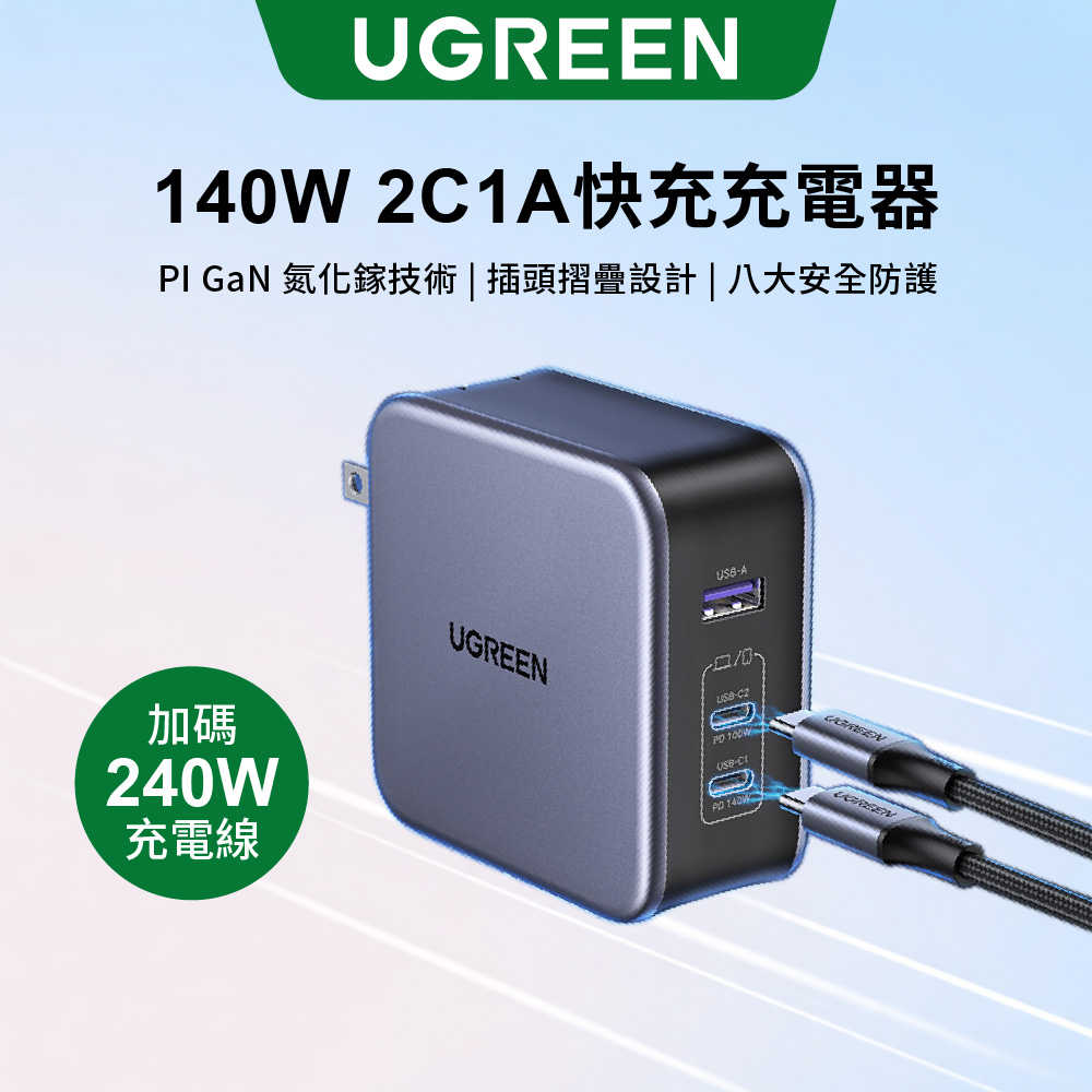 【UGREEN】綠聯 140W 2C1A 氮化鎵快速充電器(1入)