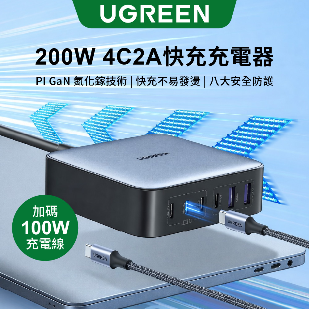 【UGREEN】綠聯 200W 4C2A氮化鎵 六孔充電器(1入)
