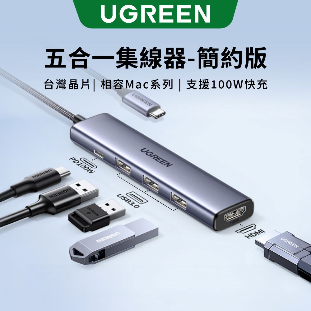 【UGREEN】綠聯 五合一Type-C集線器 簡約版 [使用臺灣創惟晶片](1入)