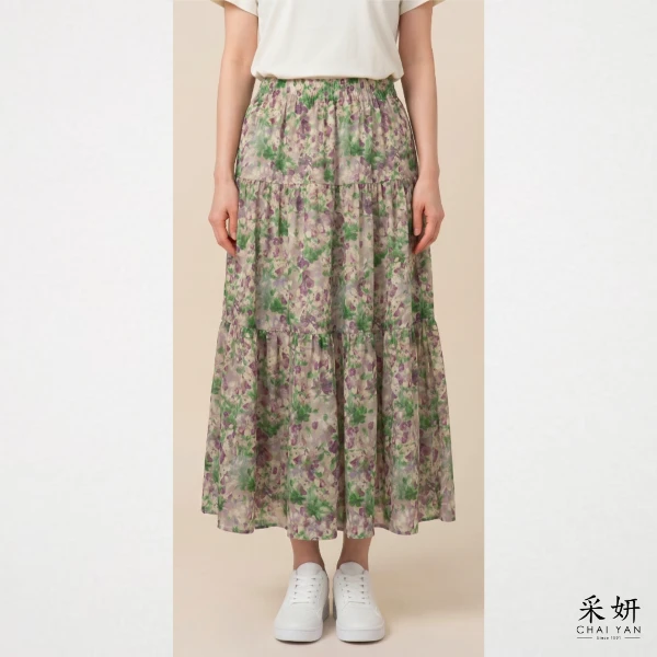 【Chai Yan 采妍】水彩紫羅蘭寬擺中長裙(春夏新款 65-78公斤可穿)