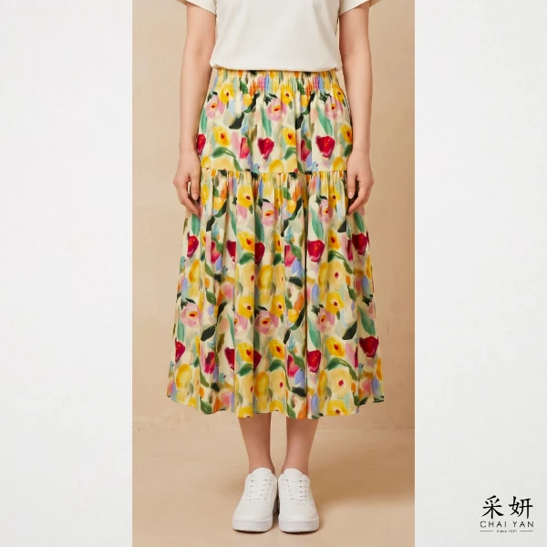 【Chai Yan 采妍】水彩花田寬擺中長裙(春夏新款 65-78公斤可穿)