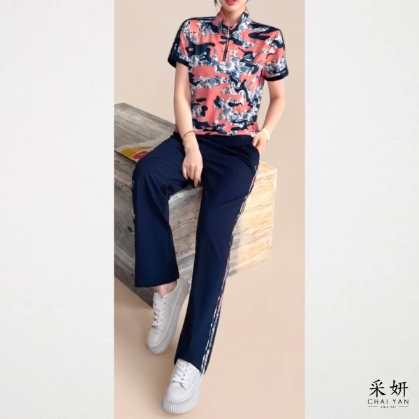 【Chai Yan 采妍】二件式 涼感青花瓷印花長褲套裝(春夏新款 65-78公斤可穿)