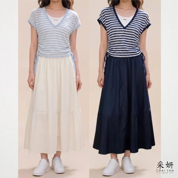 【Chai Yan 采妍】二件式 橫條假兩件長裙套裝(春夏新款 65-78公斤可穿)