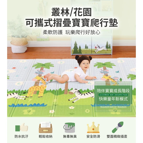 【Teamson】可攜式摺疊寶寶爬行墊(叢林/花園雙面可摺疊，附收納袋)(1入組)