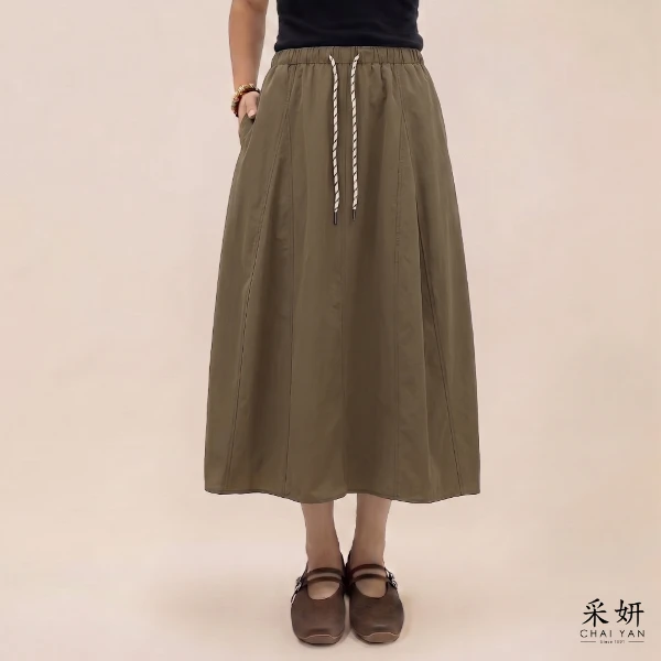 【Chai Yan 采妍】素面寬擺鬆緊拉繩中長裙(春夏新款 65-78公斤可穿)