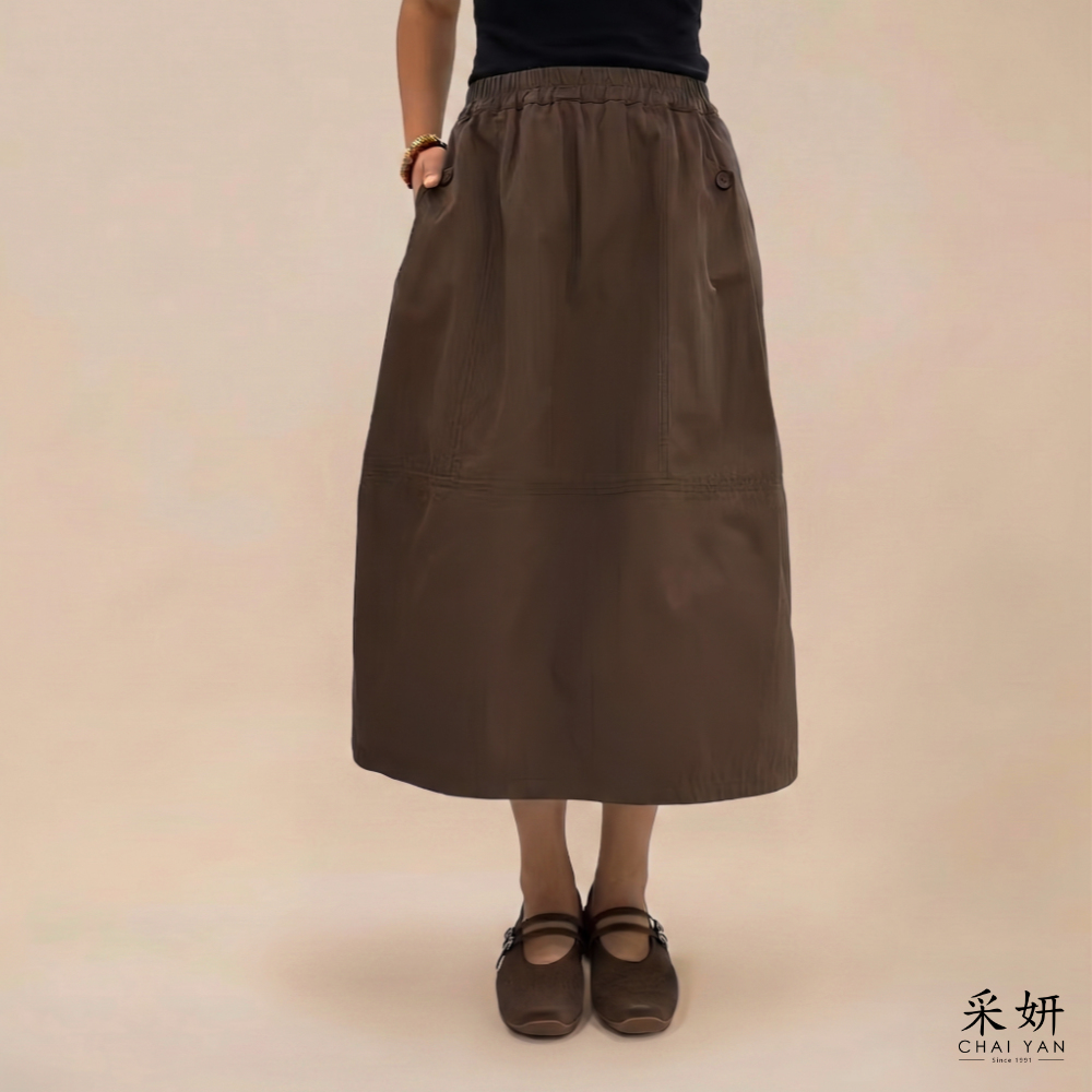 【Chai Yan 採妍】硬挺拼接平織中長裙(春夏新款 65-78公斤可穿)