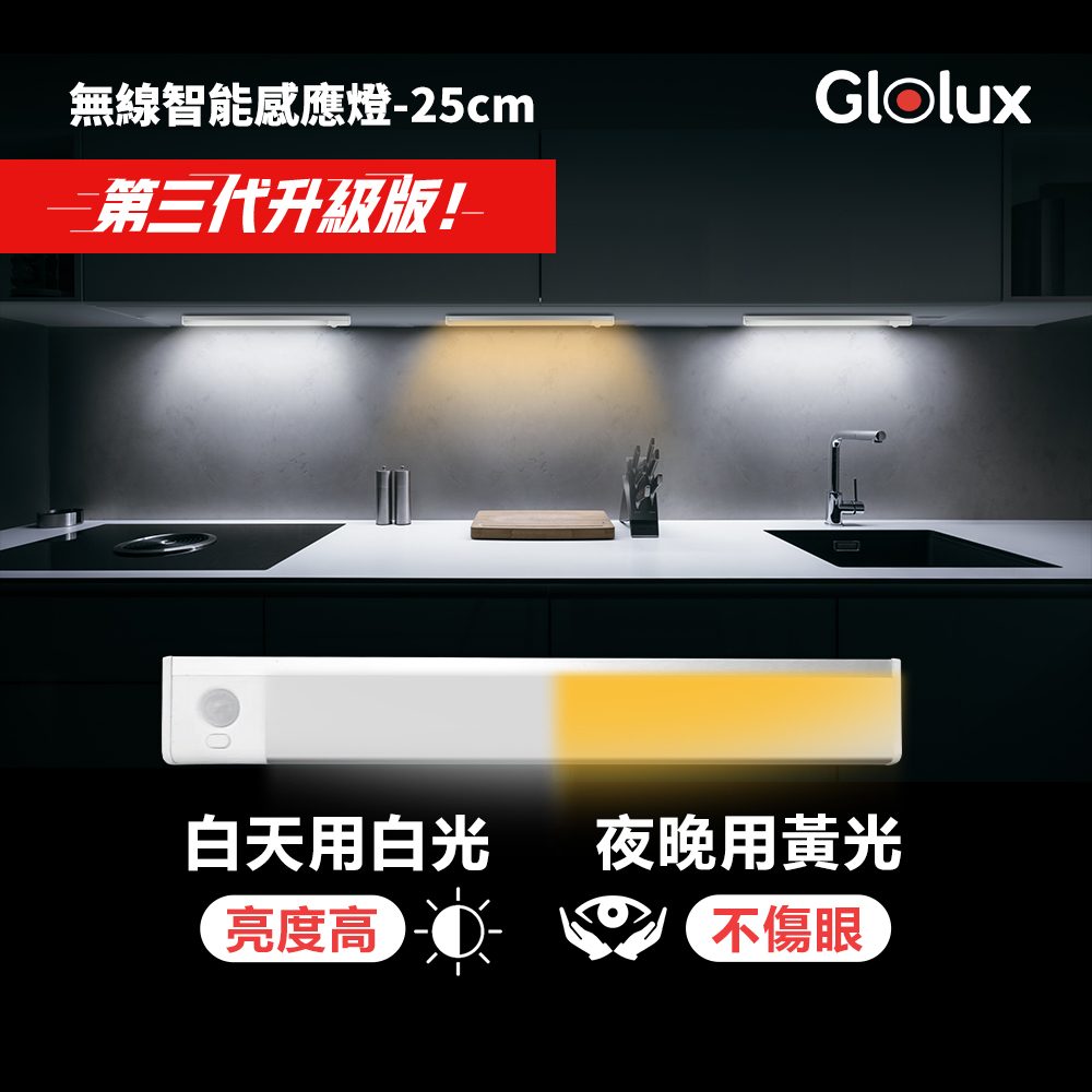 【Glolux】第三代雙色升級款 L型 多功能USB磁吸式LED智能感應燈條 25cm(1048CL-25-WY)