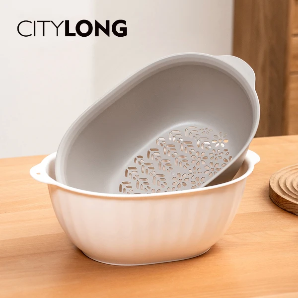 【CITYLONG 禧天龍】橢圓形雙層蔬果瀝水籃/濾水盆-4.4L-灰(洗菜盆/洗米盆/料理盆 )