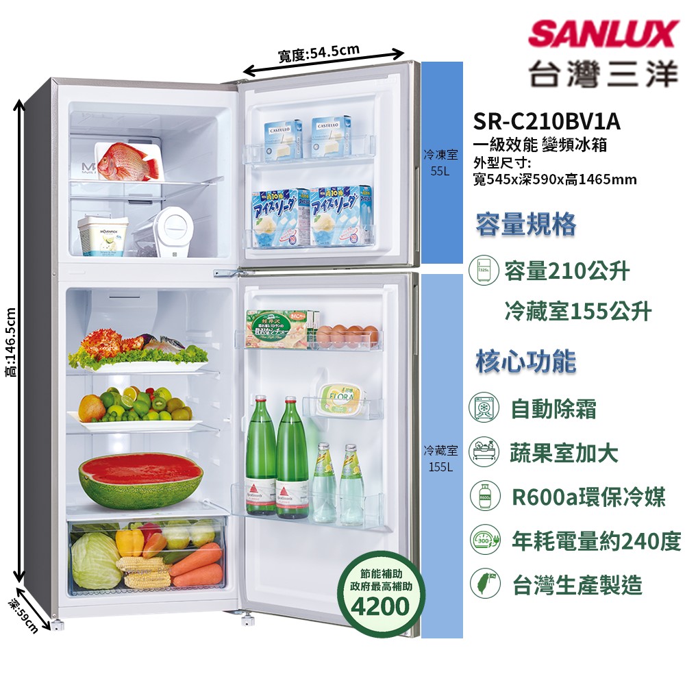 【SANLUX 台灣三洋】家電速配 都會小宅系列一級效能高效省電自動除霜冷藏LED燈雙門變頻冰箱(SR-C210BV1A)