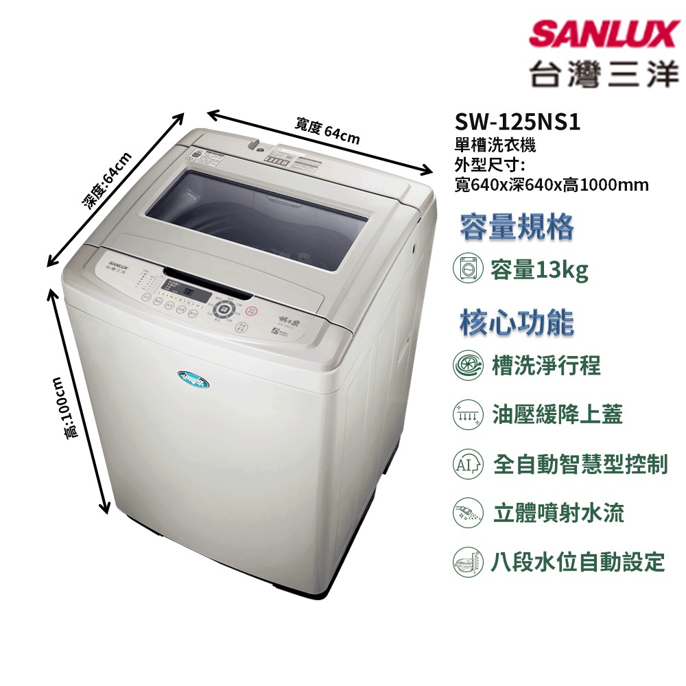 【SANLUX 台灣三洋】家電速配單槽系列13kg全自動智慧型控制立體噴射水流八段水位自動設定單槽洗衣機(SW-125NS1)