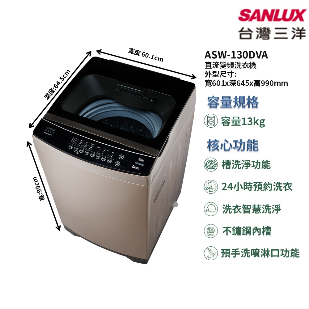 【SANLUX 台灣三洋】家電速配直流變頻容量13kg 全自動智慧控制槽八段水位自動設定單槽洗衣機(ASW-130DVA)