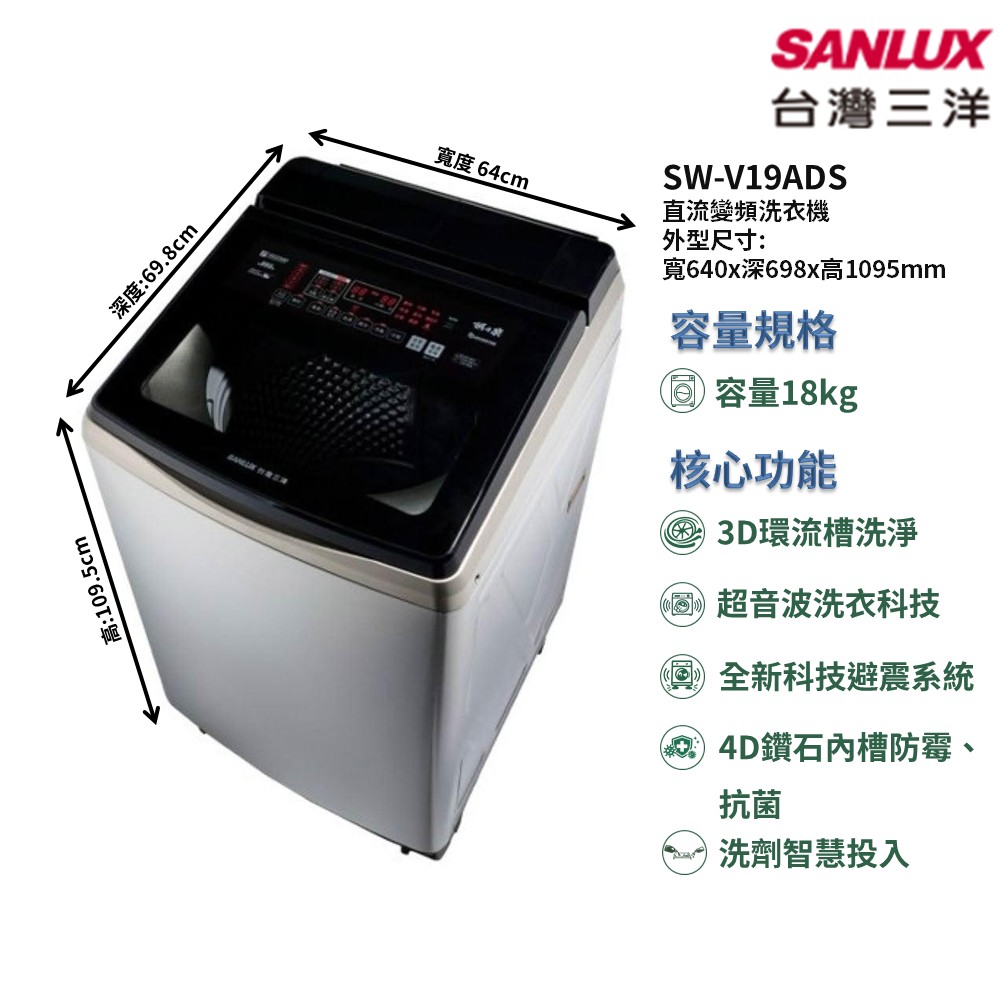 【SANLUX 台灣三洋】家電速配直流變頻18kg洗劑智慧投入超音波洗衣全觸控式全景玻璃上蓋面板單槽洗衣機(SW-V19ADS)