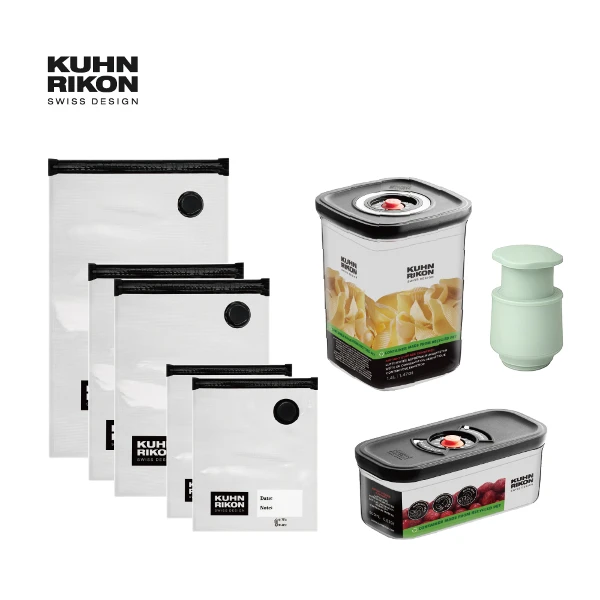【KUHN RIKON 瑞康屋】真空保鮮盒-超級8件組(保鮮袋5入+方形保鮮盒*1+長型保鮮盒*1+手動真空抽氣棒)