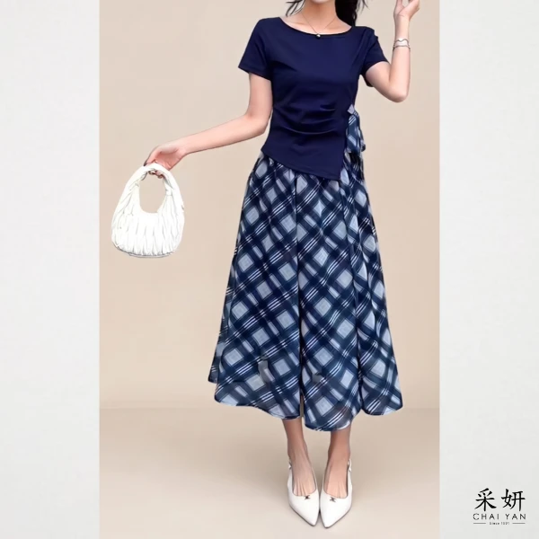 【Chai Yan 采妍】二件式 單側綁帶菱格長裙套裝(春夏新款 65-78公斤可穿)