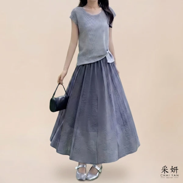 【Chai Yan 采妍】二件式 連肩網織壓線長裙套裝(春夏新款 65-78公斤可穿)