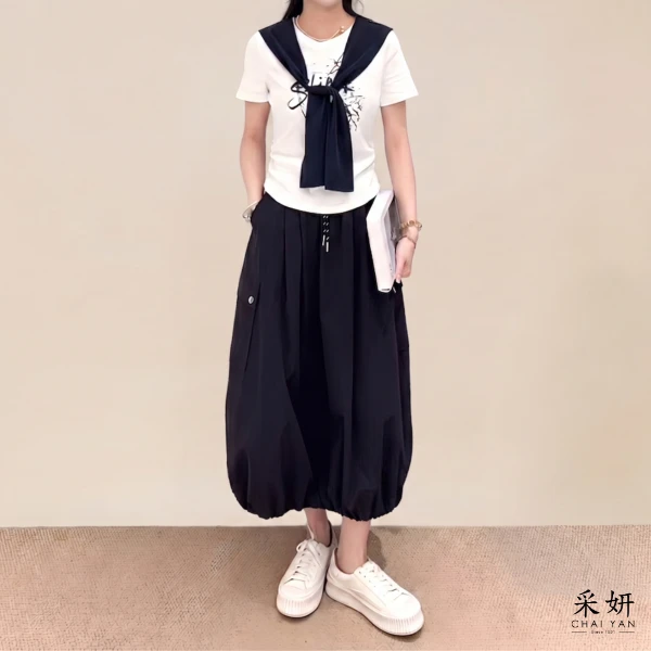 【Chai Yan 采妍】二件式 顯瘦印花硬挺長裙套裝(春夏新款 65-78公斤可穿)