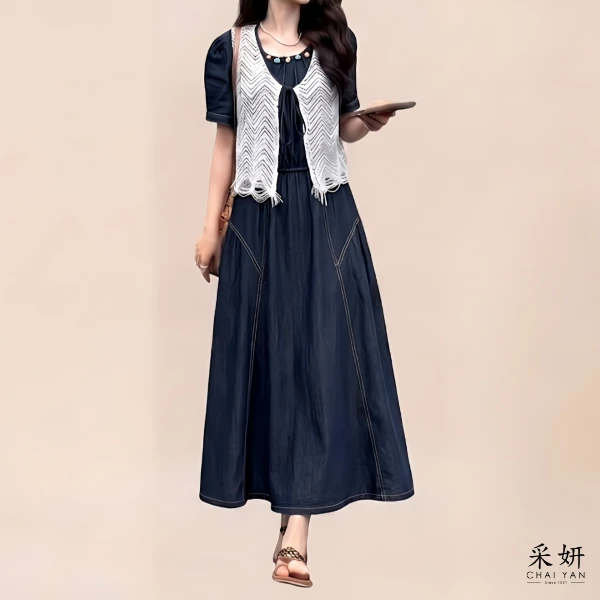 【Chai Yan 采妍】二件式 網織綁帶牛仔洋裝套裝(春夏新款 65-78公斤可穿)