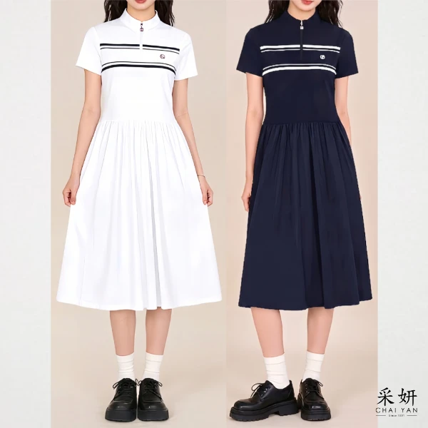 【Chai Yan 采妍】半開襟拼接運動洋裝(春夏新款 65-78公斤可穿)