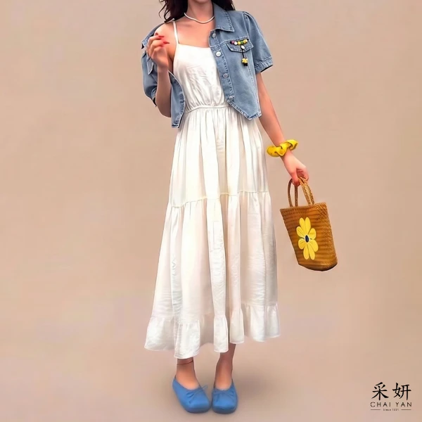 【Chai Yan 采妍】二件式 彩釦牛仔細肩洋裝套裝(春夏新款 65-78公斤可穿)
