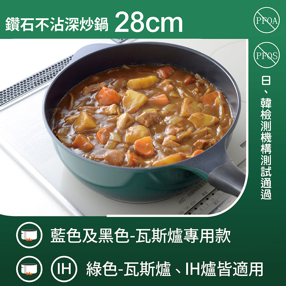 【Arnest】Bellfina鑽石深型平底IH不沾炒鍋28cm-森林綠(瓦斯爐、電磁爐均可用)