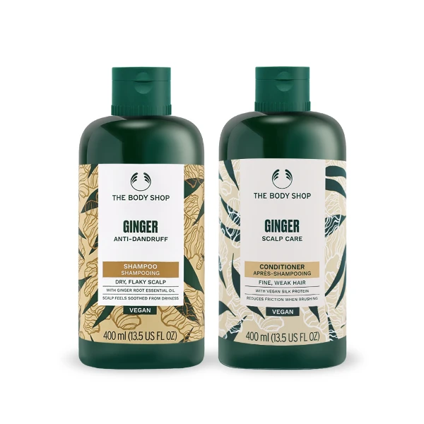 【THE BODY SHOP 美體小舖】薑根鏗活蓬鬆洗護組 400ml*2[護髮乳+洗髮精](航空版)