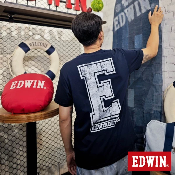 【EDWIN】男裝  人氣復刻款 反面印花LOGO短袖T恤(丈青色)