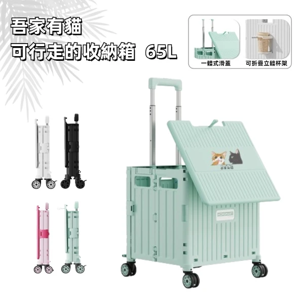 【A&R】吾家有貓滑蓋BC款四輪附杯架折疊購物手推車 65L 任選(萬向輪 大容量 收納 拉桿 買菜 露營)(一入)