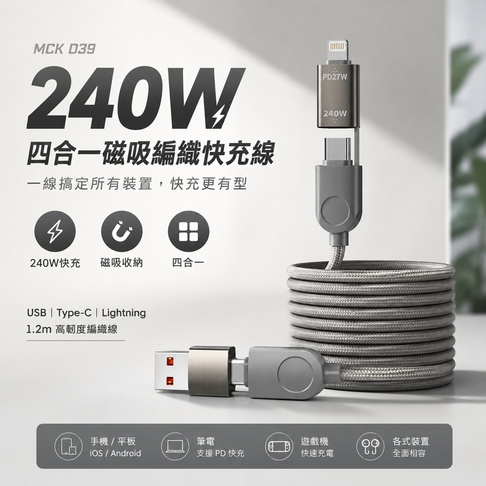 【MCK】240W 四合一磁吸編織快充線｜PD快充｜1.2m(D39)