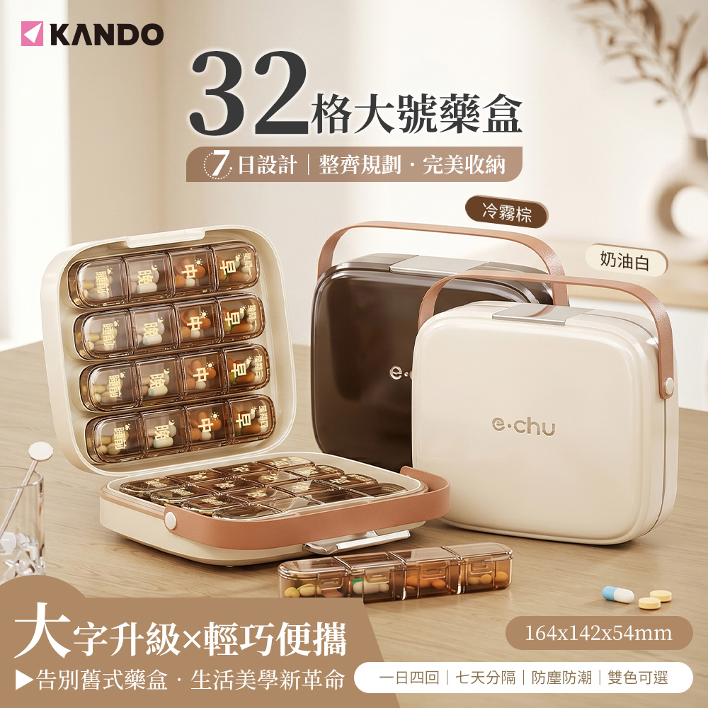 【Kando】32格大號藥盒 大號 密封防潮 8 條 4 分格 藥品收納盒 PP+ABS 材質(e.chu-32B/兩色可選)
