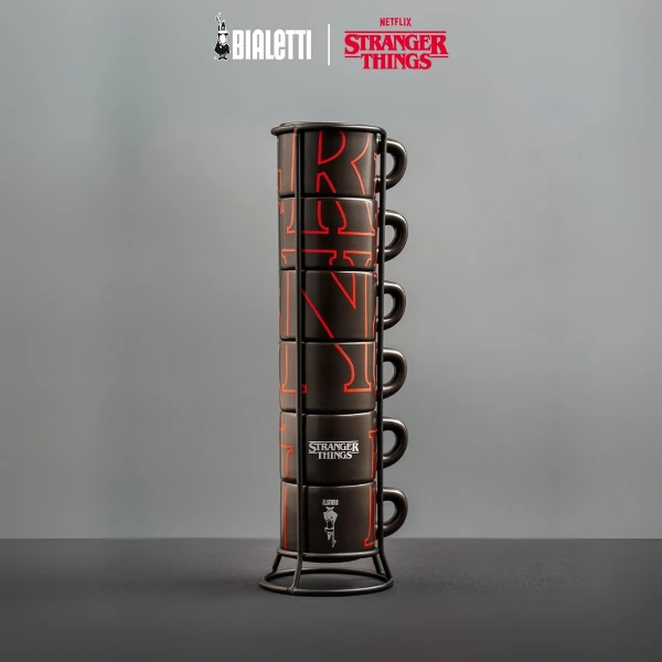 【BIALETTI 比亞樂堤】Stranger Things怪奇物語-咖啡濃縮杯架組-6入含收納杯架(怪奇物語濃縮杯6入)