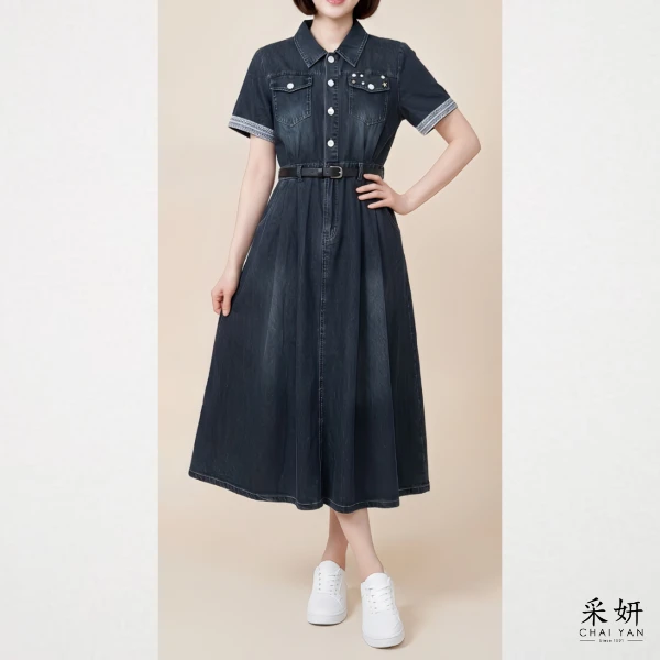 【Chai Yan 采妍】貝殼鈕釦蕾絲袖牛仔洋裝(春夏新款 65-78公斤可穿)