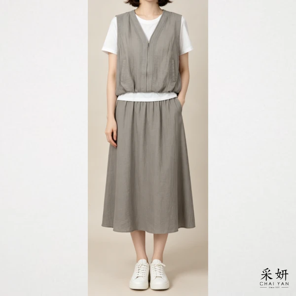 【Chai Yan 采妍】二件式 素面假兩件棉麻中長裙套裝(春夏新款 65-78公斤可穿)