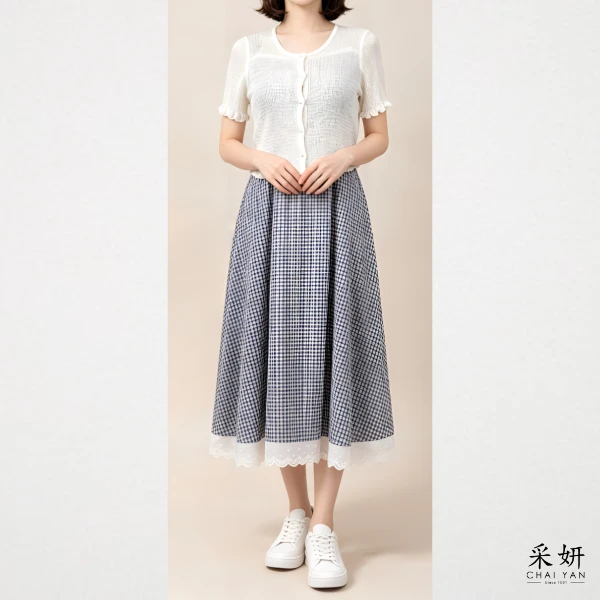 【Chai Yan 采妍】二件式 針織細肩帶格子洋裝套裝(春夏新款 65-78公斤可穿)