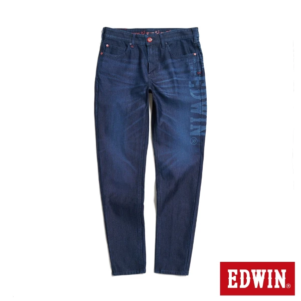【EDWIN】男裝 JERSEYS 斜雷射字修身中腰丹寧錐形迦績褲(原藍磨)