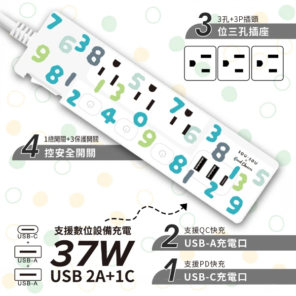 【SOU・SOU】37W 4開3插+USB+Type-C平貼式快充延長線-十數昆(1.8M)