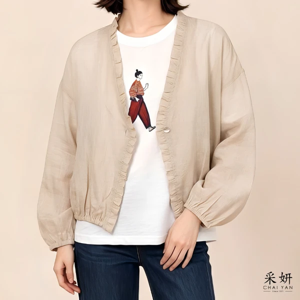 【Chai Yan 采妍】單釦開襟棉麻外套罩衫(春夏新款 65-78公斤可穿)