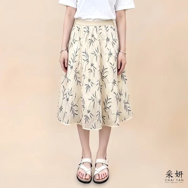 【Chai Yan 采妍】立體花朵縫線中長裙(春夏新款 65-78公斤可穿)