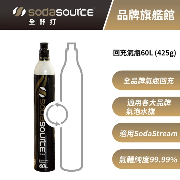 【Sodasource 全舒打】CO2 回充二氧化碳氣瓶-適用SodaStream及各大品牌氣泡水機 鋼瓶交換(425g 需有一支空瓶)