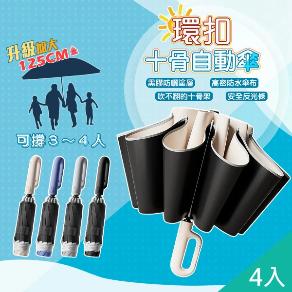 【QiMart】大傘面反光條環扣反向黑膠摺疊自動傘(A款)(4入)