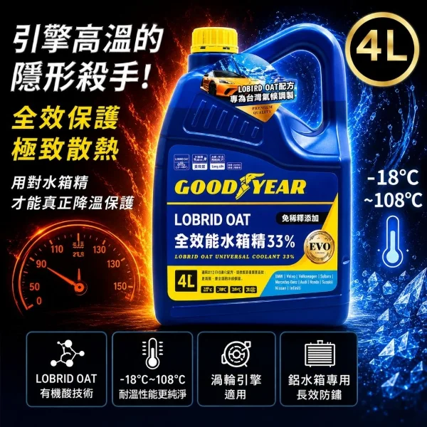 【GOODYEAR 固特異】 全效能33%水箱精 4L (乙二醇｜防凍液｜水箱水｜冷卻液｜免稀釋水箱精)