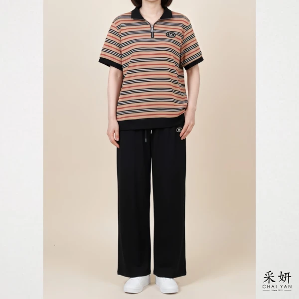 【Chai Yan 采妍】二件式 橫條半開襟長褲套裝(春夏新款 65-78公斤可穿)