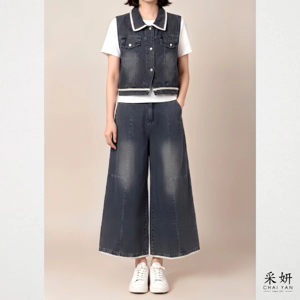 【Chai Yan 采妍】三件式 花邊牛仔寬褲套裝(春夏新款 65-78公斤可穿)