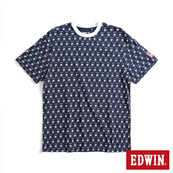 【EDWIN】男女裝 FILA聯名 經典主義滿版聯名LOGO印花短袖T恤(丈青色)