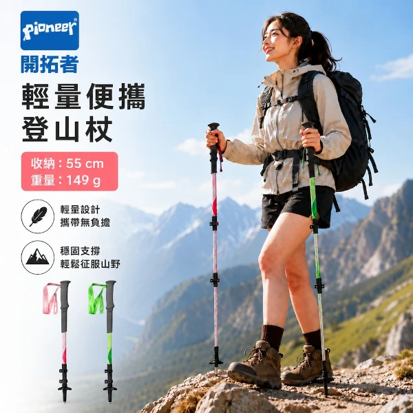 【開拓者 Pioneer】天狼星一系 碳纖維登山杖 149g 兩色任選 (附擋泥板 超輕量 防滑 拐杖 健走 爬山 )(一入 )