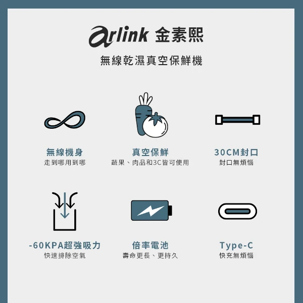 【arlink】金素吸動力型 無線乾溼真空保鮮機 贈20入袋(AK60)